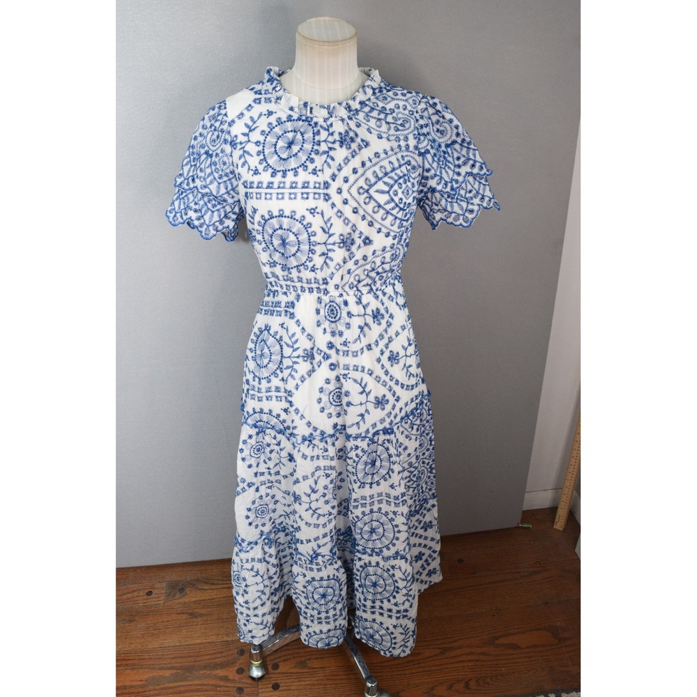 Baltic Born Mirabel Maxi Dress Small Blue White Eyelet Embroidered Tiered Cotton